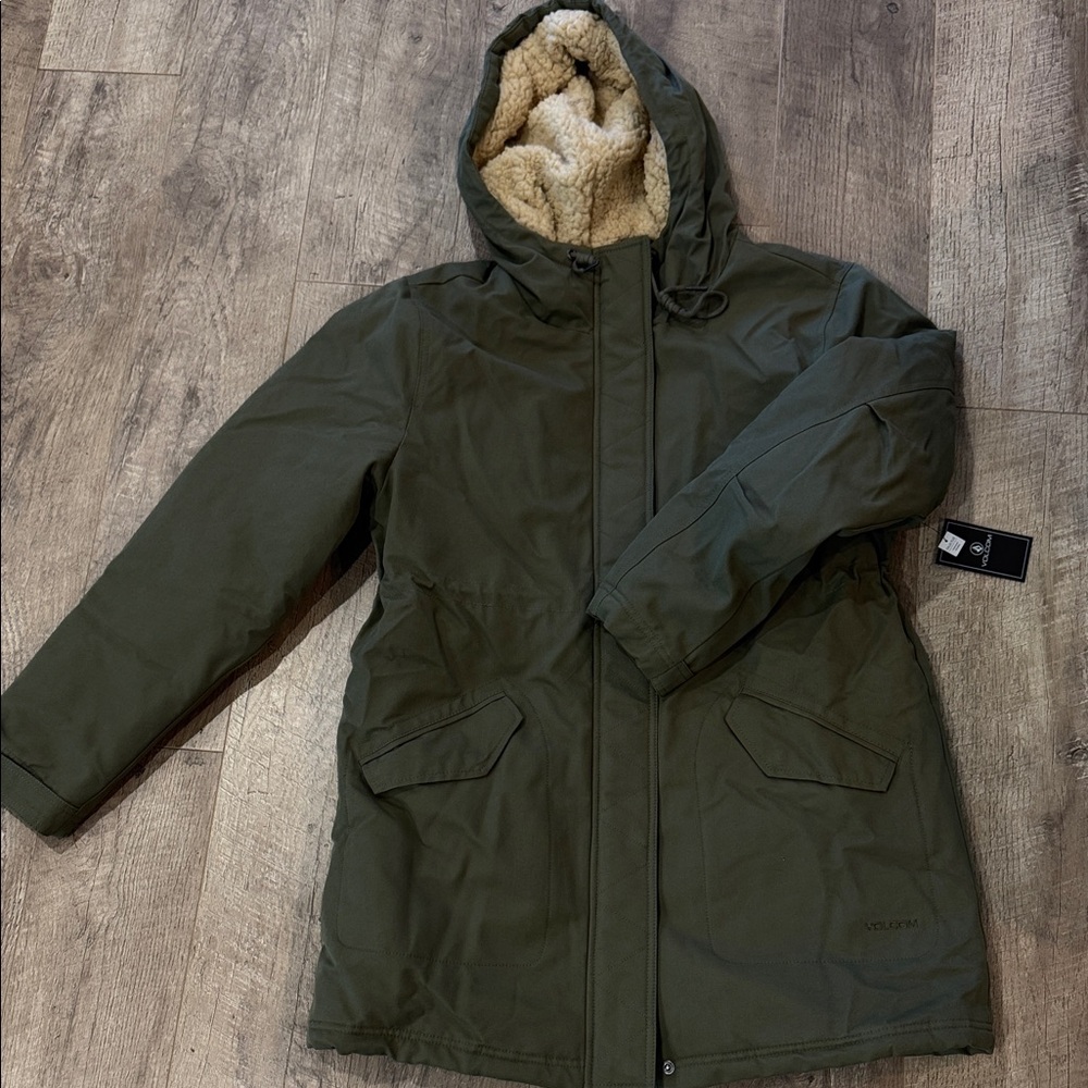 Volcom Olive Hooded Parka with Faux Fur Lining